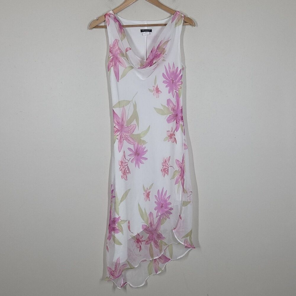 Vtg 90s Y2K Floral Asymmetrical Cowl Neck Midi Dress 11/12 Fairy Romantic